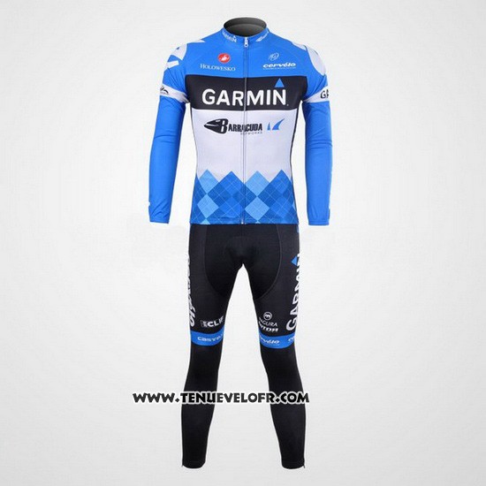 2012 Maillot Ciclismo Garmin Cervelo Blanc et Azur Manches Longues et Cuissard